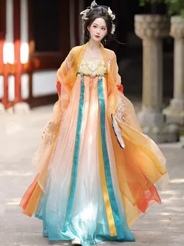 Китайское Традиционное платье Song Рубашка с длинными рукавами и юбкой с планкой Immortal Aura Song Сделано в Оранжевом женском наборе Hanfu Dunhuang