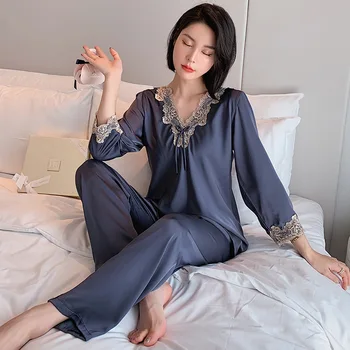 Повседневная одежда для сна из 2 предметов, Женская атласная пижама, летний Новый пижамный костюм, Интимное белье, шелковый халат, кружевная рубашка и брюки, комплект для сна