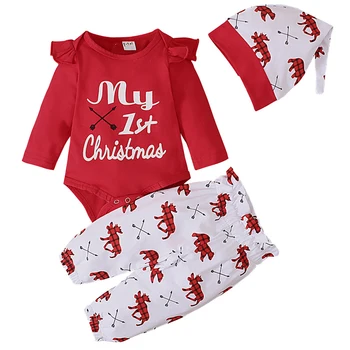 Комплект осенней одежды для маленьких девочек из 3 предметов, Хлопковое боди для новорожденных с милыми буквами + штаны + Шляпа, Рождественская одежда BC1487