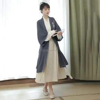 2023 улучшенный элемент hanfu female chinese song dynasty женская одежда с перекрестным воротником, длинное пальто, свободная юбка, комплект на каждый день из трех предметов 