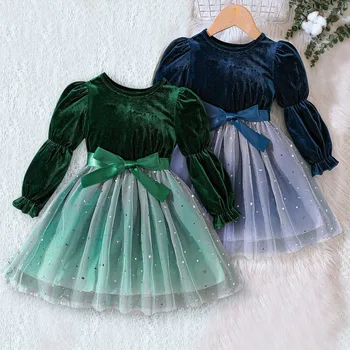 Рождественское платье для девочек, осень-зима, Новое Рождественское Бархатное Сетчатое платье принцессы на шнуровке, расшитое блестками, Одежда для вечеринки по случаю дня рождения