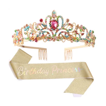 Корона принцессы для Именинницы с поясом на день рождения для женщин, Праздничные принадлежности Многоцветный + Золотой