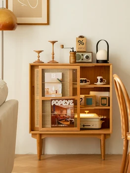 Книжный шкаф из массива дерева в скандинавском стиле, современная минималистичная гостиная, тумбочка сбоку от телевизора, японский шкаф для хранения, сплетенный из ротанга