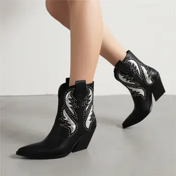 Женские ботинки Gnazhee, обувь с острым носком, без застежки, заклепки, ковбойские пинетки в стиле вестерн, обувь на высоком массивном каблуке по щиколотку.