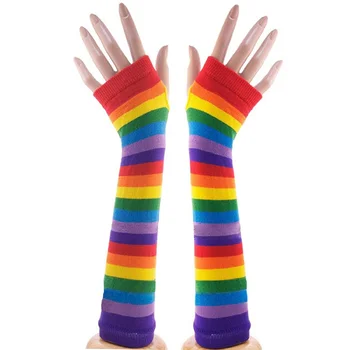 Пара разноцветных трикотажных перчаток без пальцев в радужную полоску для рук с подогревом без пальцев