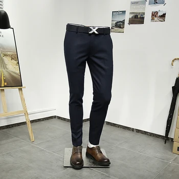 50% Шерсть, высококачественные мужские брюки, темно-синий тонкий повседневный стиль, свадебная одежда для жениха, модный Молодой деловой мужчина, плюс 36 Размер