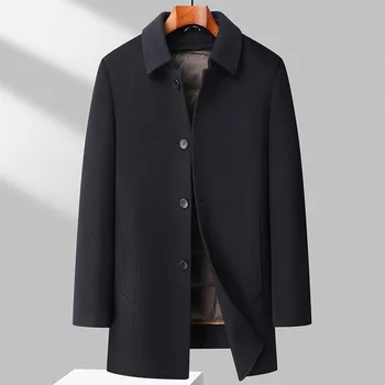 Новое мужское пальто средней длины из шерсти 70, двустороннее, в английском стиле, с пуховой подкладкой, повседневное однотонное пальто из белого утиного пуха 90.