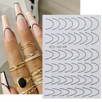 Наклейки для ногтей с французскими наконечниками, 3D Золотая роза, Кривые линии в полоску, Ползунки для маникюра, Клейкие гелевые наклейки для дизайна ногтей TRSTZ-CS169