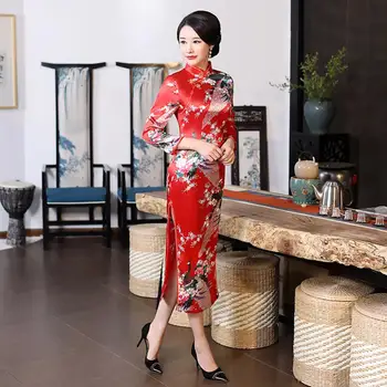 Тонкое женское платье миди с рукавом 3/4, длинное с разрезом в виде китайского павлина, сценическое шоу Чонсам