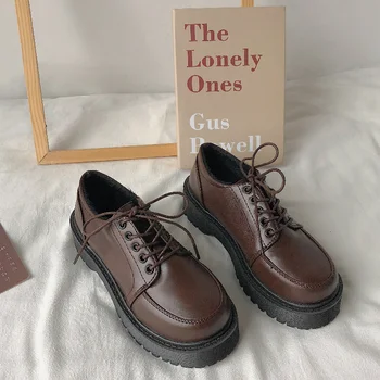Кожаная обувь на платформе, женская повседневная обувь-лодочка, Винтажная оксфордская обувь, Весна-осень 2021, модная униформа JK на шнуровке, обувь на плоской подошве.