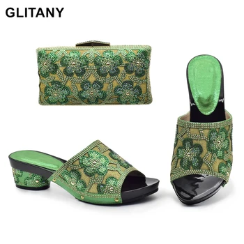 Итальянские туфли зеленого цвета с сумкой в тон; итальянские туфли и сумка в африканском стиле для женщин; высококачественная свадебная обувь со стразами;