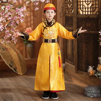 Китайские мальчики Традиционная осенне-зимняя желтая вышивка Hanfu Детский новогодний костюм Тан сценическое представление Императорские костюмы
