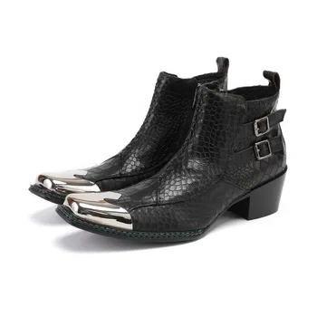 Социальная Черная офисная мужская обувь со змеевидным ремешком и пряжкой, деловые металлические ботильоны с круглым носком, модельные ботинки из коровьей кожи большого размера