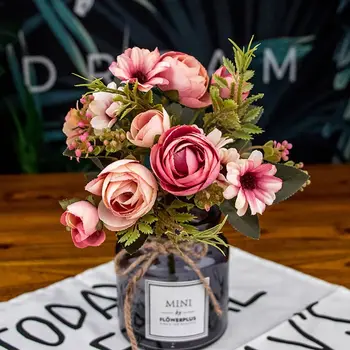 Чайная роза в деревенском стиле, реалистичный шелковый букет из розовых искусственных цветов с 12 головками, Свадебный