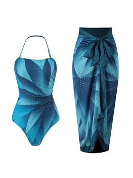 Элегантный Женский цельный купальник с принтом синих листьев, мода 2023, купальники с высокой талией и висячим вырезом, французское бикини с закрытым животом