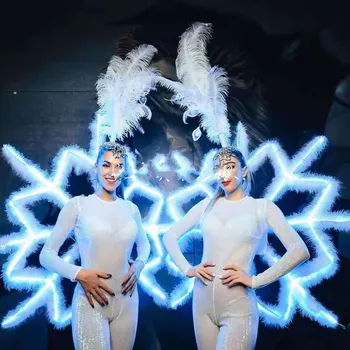 Рождественская вечеринка, белый атмосферный головной убор из светящихся снежинок и перьев, женский деловой костюм gogo