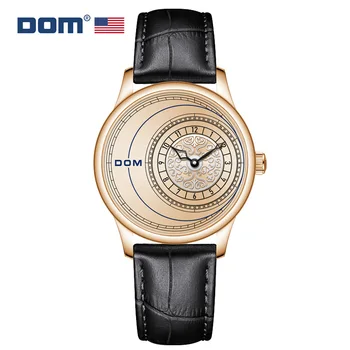 Мужские кварцевые часы DOM 1582 Модные деловые простые золотые водонепроницаемые с черной кожей Наручные часы для мужчин в подарок