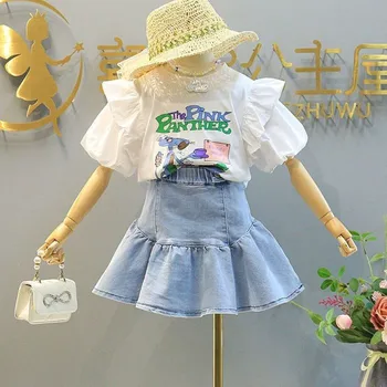 Комплект джинсовой юбки для девочек, летняя новинка 2023 года, детская корейская версия, футболка с короткой юбкой с оборками, комплект детской одежды для девочек из 2 предметов