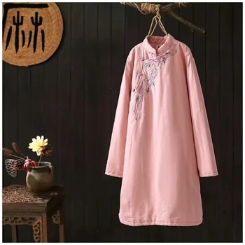 Зимняя женская одежда из хлопка Чонсам в традиционном китайском стиле с воротником-стойкой и вышивкой, свободный плотный халат средней длины, костюм эпохи Тан