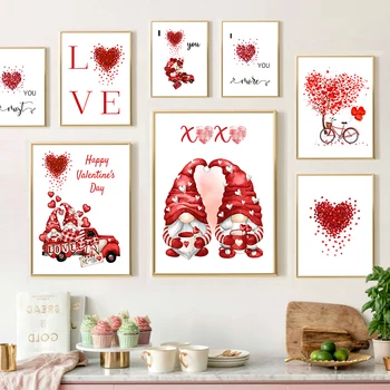 День Святого Валентина Дерево Любви Красное Розовое Сердце Настенное искусство Холст Живопись Скандинавские плакаты и принты Настенные панно для декора гостиной