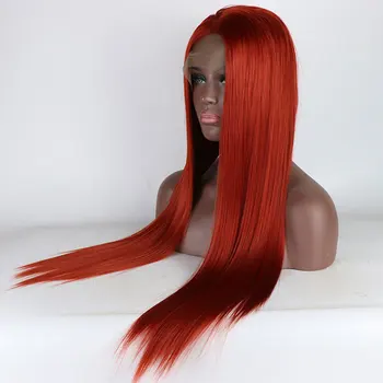 Бомба Огненно-Красный Прямой Синтетический 13X4 Синтетические Волосы На Кружеве Искусственные Парики Бесклеевые Предварительно Выщипанные Высококачественные Волосы Из Термостойкого Волокна Для Женщин