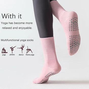 1 пара хлопковых дышащих носков для йоги до середины икры, однотонные полосатые противоскользящие спортивные носки, носки для пилатеса, тренировочные носки