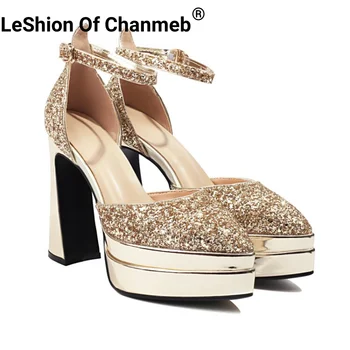 Leshion Of Chanmeb Блестящие Золотые сандалии Женские туфли-лодочки на очень высоком каблуке с пряжкой на щиколотке, туфли на платформе, женская свадебная вечеринка