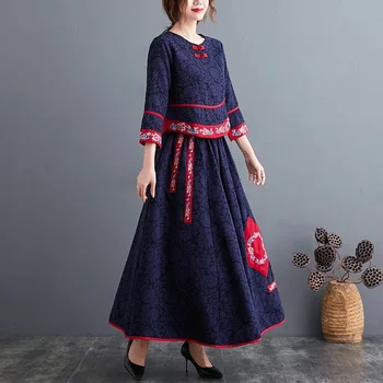 Одежда в традиционном китайском стиле, женский костюм, Элегантные темно-синие топы и юбка, льняной национальный винтажный комплект из 2 предметов, женский 12721