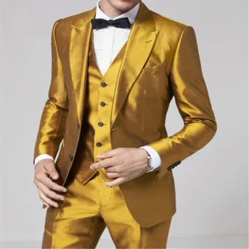Модный дизайн, золотой комплект из 3 предметов, мужской костюм, строгий облегающий костюм, блейзер, блестящий костюм на заказ, 3 предмета, куртка, брюки, жилет 363