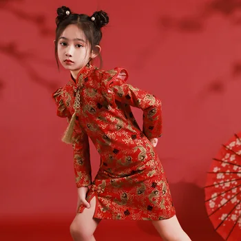 Китайский Традиционный Костюм для девочек Чонсам для Детской Одежды Новогодняя Одежда В Китайском Стиле С Длинным Рукавом Tang Suit Dress Qipao