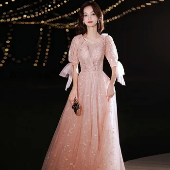 Вечернее платье для ежегодной встречи, женское Новое Розовое Темпераментное Банкетное платье с пышными рукавами на выпускной, Длинные платья с блестящими пайетками, вечерние платья